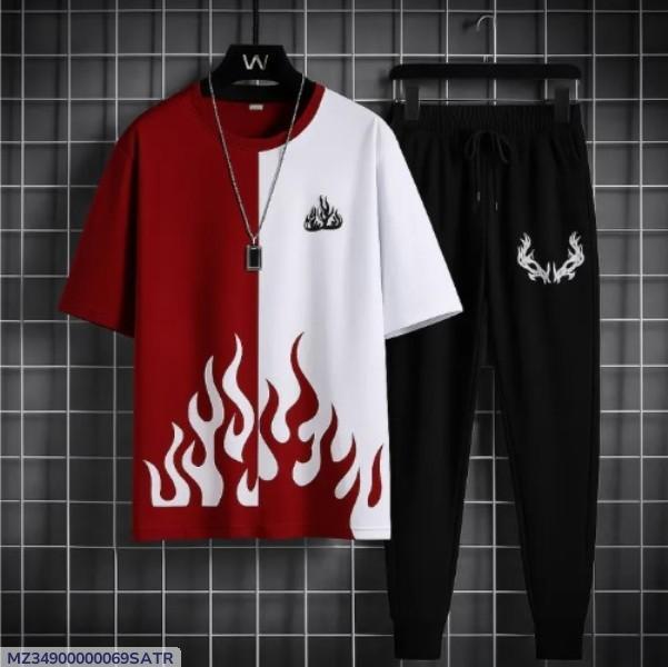 Men's Red White Flame Printed Track Suit 2Pcs Slim Fit