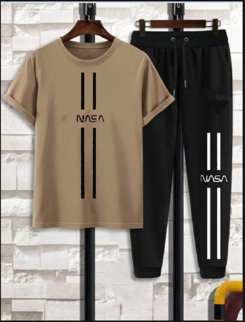 Men NASA Printed Track Suit Beige 2 Pcs