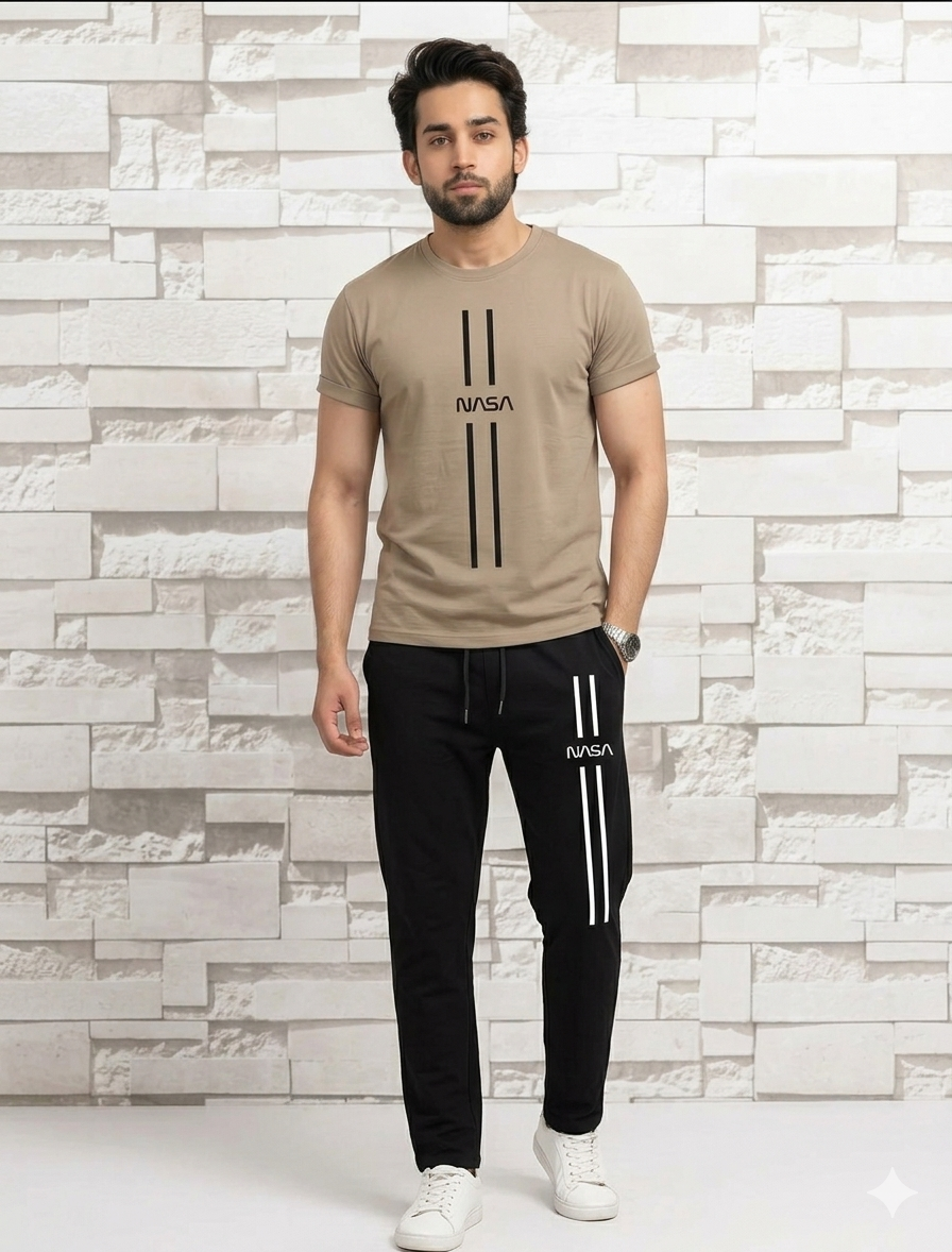 Men NASA Printed Track Suit Beige 2 Pcs